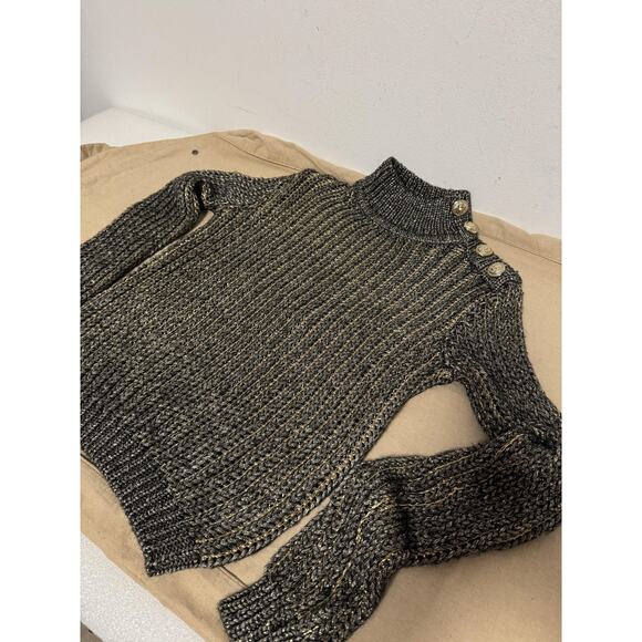 Balmain Sweater Womens Small Black Gold Metallic Mohair Wool Turtleneck Rib Knit - Picture 2 of 16